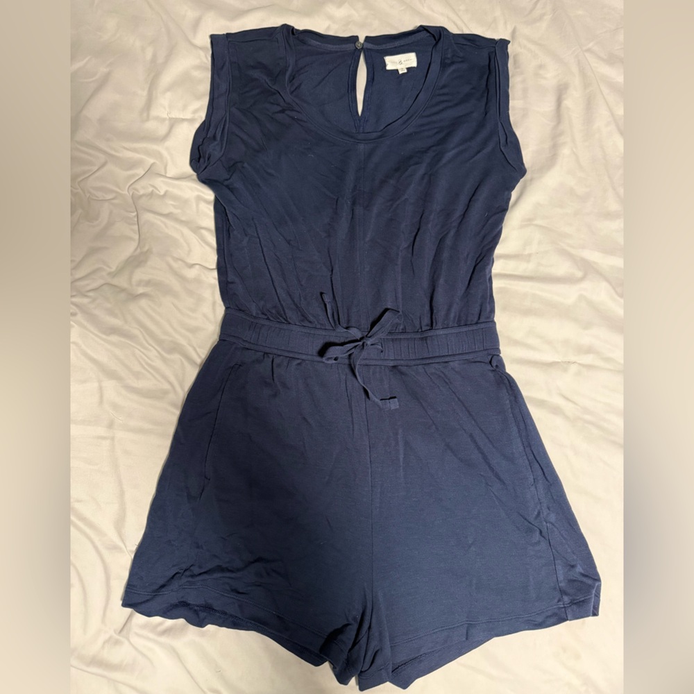 Lou & Grey Navy Capped Sleeve Knit Romper with Tie Waist